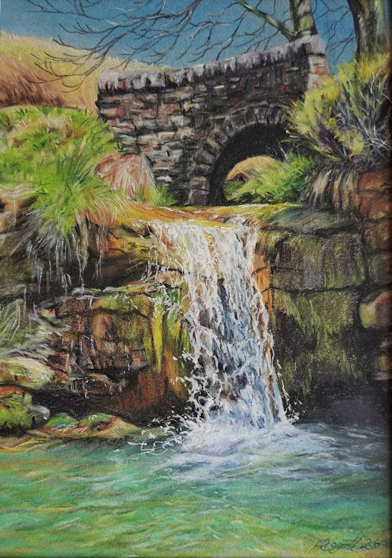 Pastel of the waterfall at Three Shires Head