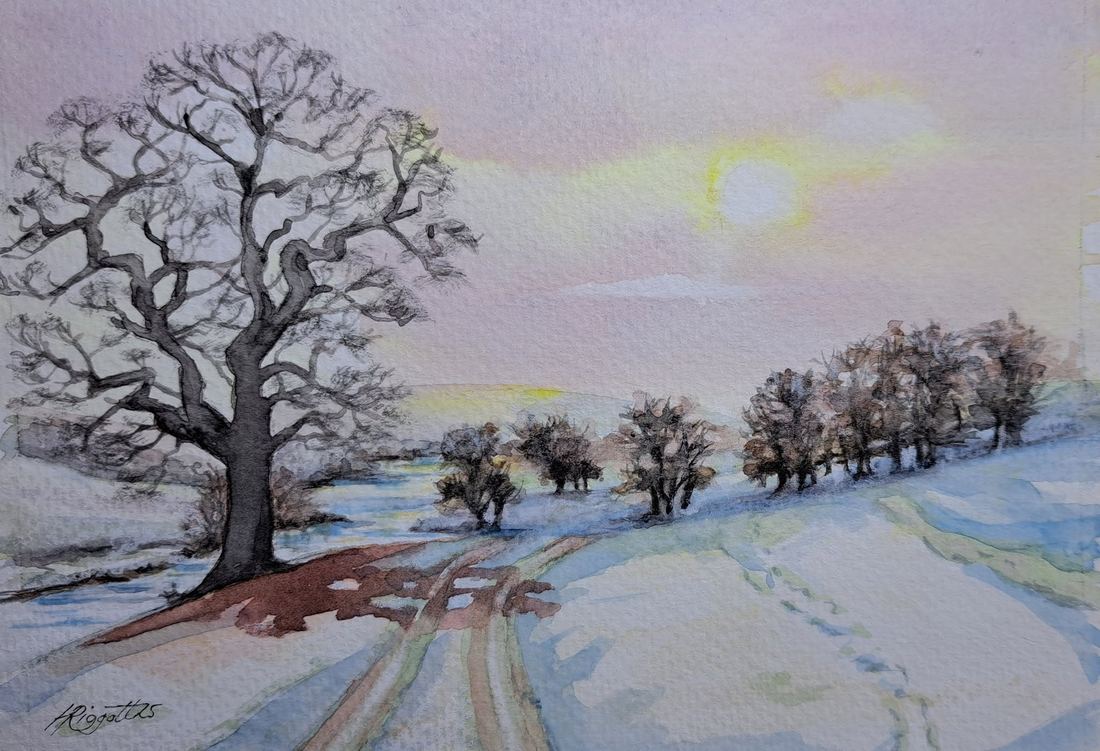 Watercolour of winter sun at Chatsworth